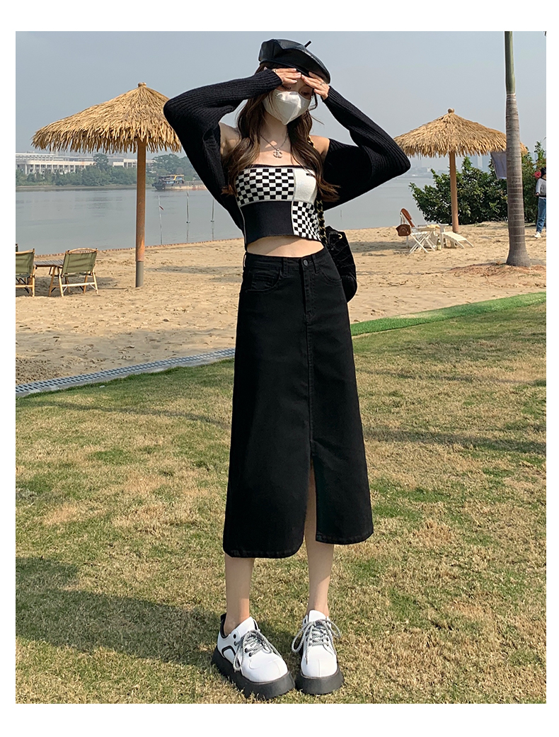 High waist slit denim skirt for women 2023 new autumn mid-length skirt A-line small person hip-hugging skirt