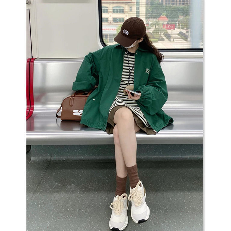 Green baseball uniform jacket for women 2023 autumn new ins American vintage retro high street couple jacket