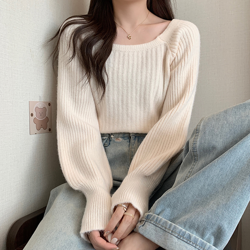 Autumn new style retro temperament square neck puff lantern sleeve knitted sweater