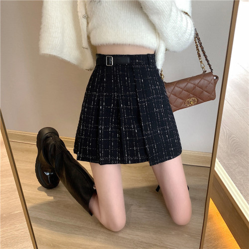 2023 Irregular Plaid Pleated Skirt Women's Autumn and Winter New Style Small Fragrance Style High Waist A-Line Skirt