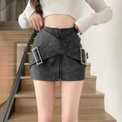****~High waist retro distressed pu leather skirt cross belt skirt a line short skirt for women