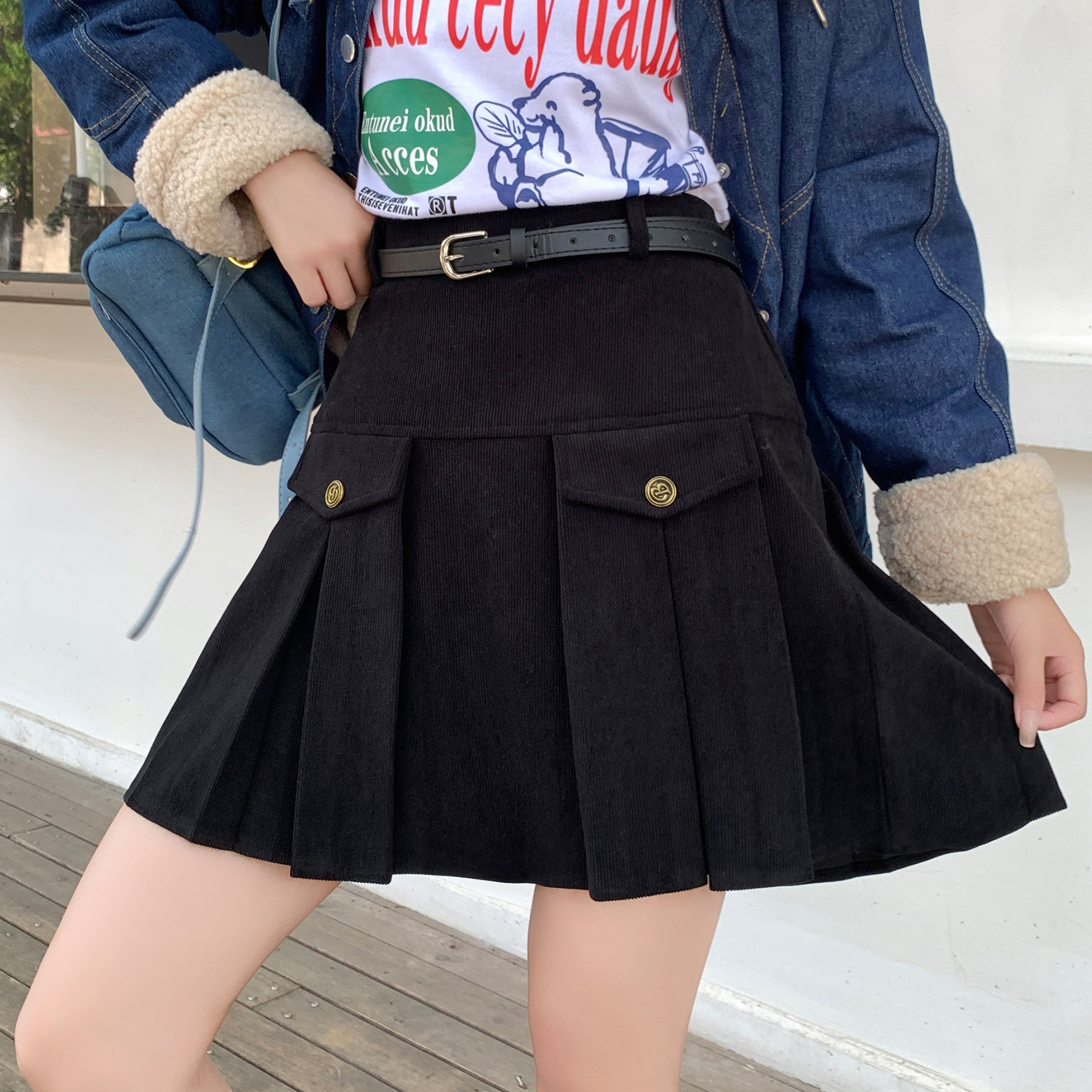7405~ Corduroy skirt women's autumn and winter high waist thin skirt retro anti-light a-line pleated skirt
