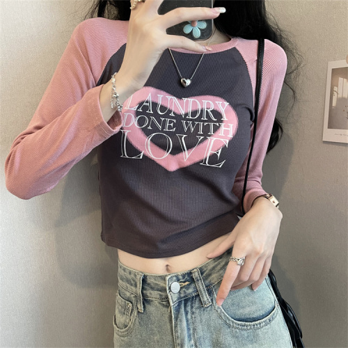 Long-sleeved T-shirt women's autumn Korean style contrasting color love print slim fit short top ins