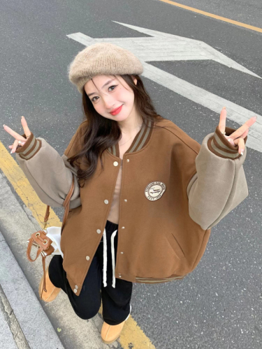 Embroidery + velvet thickening, American retro baseball uniform jacket for women winter thickened loose couple jacket