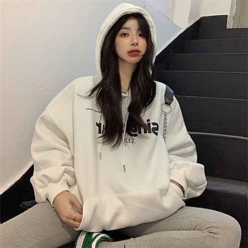 Velvet and thickened  new hooded sweatshirt for women autumn and winter loose Korean style bf lazy style white top ins trend