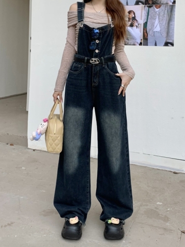 New style straight-leg denim suspender jeans for women, design loose suspenders with wide legs