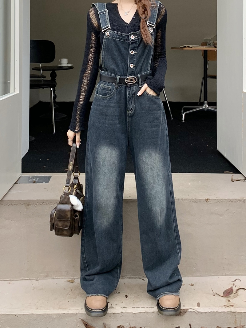 New style straight-leg denim suspender jeans for women, design loose suspenders with wide legs