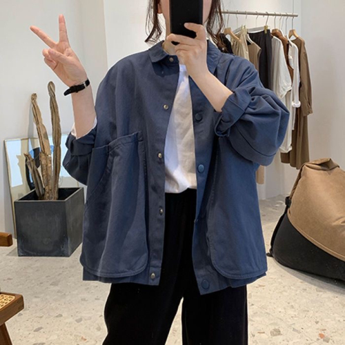 Korean style simple large pocket work jacket for female students loose slimming age-reducing college style long-sleeved jacket trendy top