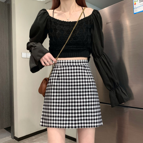~2023 Korean version of versatile high-waist slim plaid skirt A-line skirt hip-covering skirt short skirt for female students