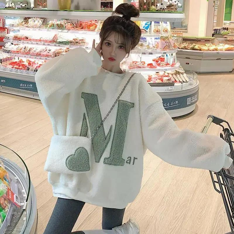 Sweatshirt women's velvet thickened 2023 new spring lazy style mid-length lamb plush oversize top