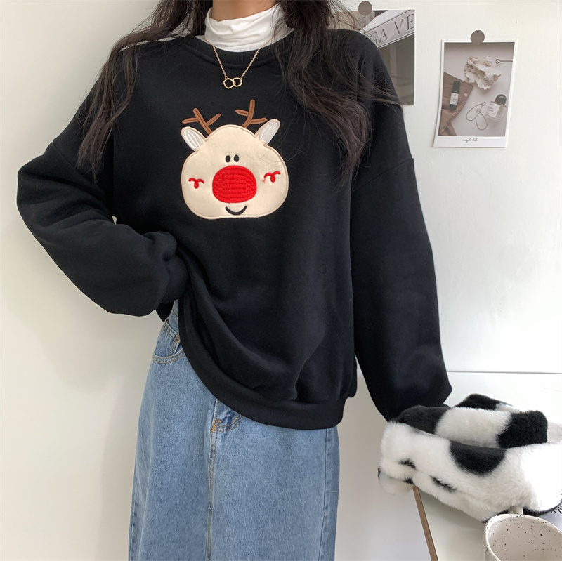Sweatshirt loose Korean style lazy style Christmas festive cute cartoon girl showing white embroidery