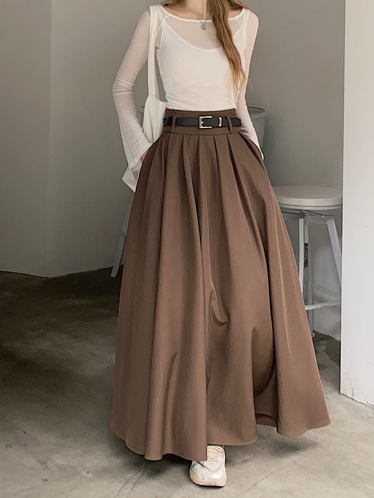 ~2023 new Korean style drape pleated skirt oversized suit half length skirt for women with belt