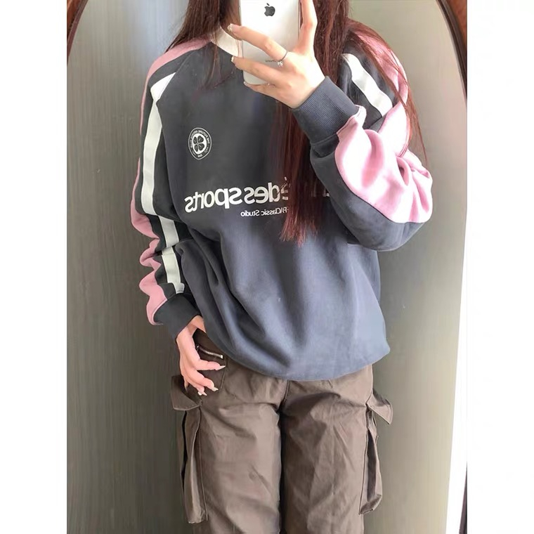 National trend brand street hip-hop raglan sleeve sweatshirt for women autumn new American retro oversize design top