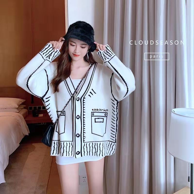 Korean Dongdaemun autumn and winter new fashion graffiti loose casual sweater women's lazy wind sweater cardigan