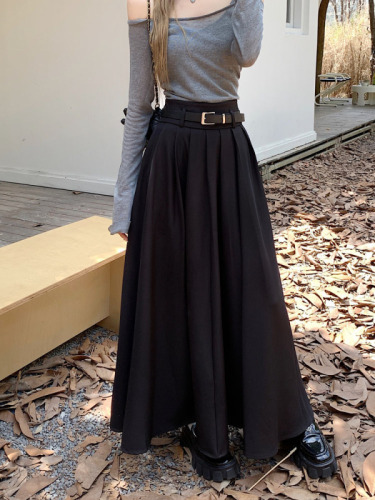 ~2023 new Korean style drape pleated skirt oversized suit half length skirt for women with belt