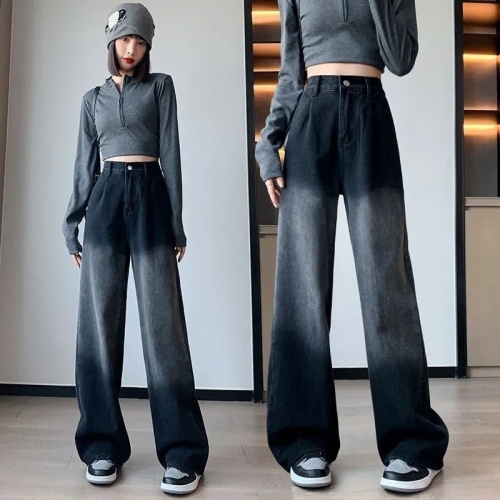 Autumn and winter gradient jeans for women, high-waisted, straight-legged, slim, high-street style, student wide-leg trousers, ins trendy new style