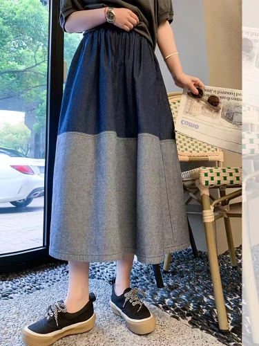 Korean Dongdaemun Women's Denim Skirt Autumn New Retro Blue Stitching High Waist Slim A-line Skirt