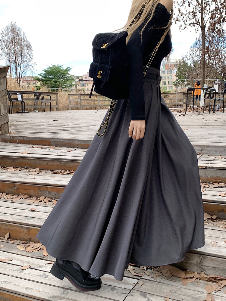 ~Autumn new Korean version design sense pleated skirt large swing skirt suit half-length long skirt women with belt