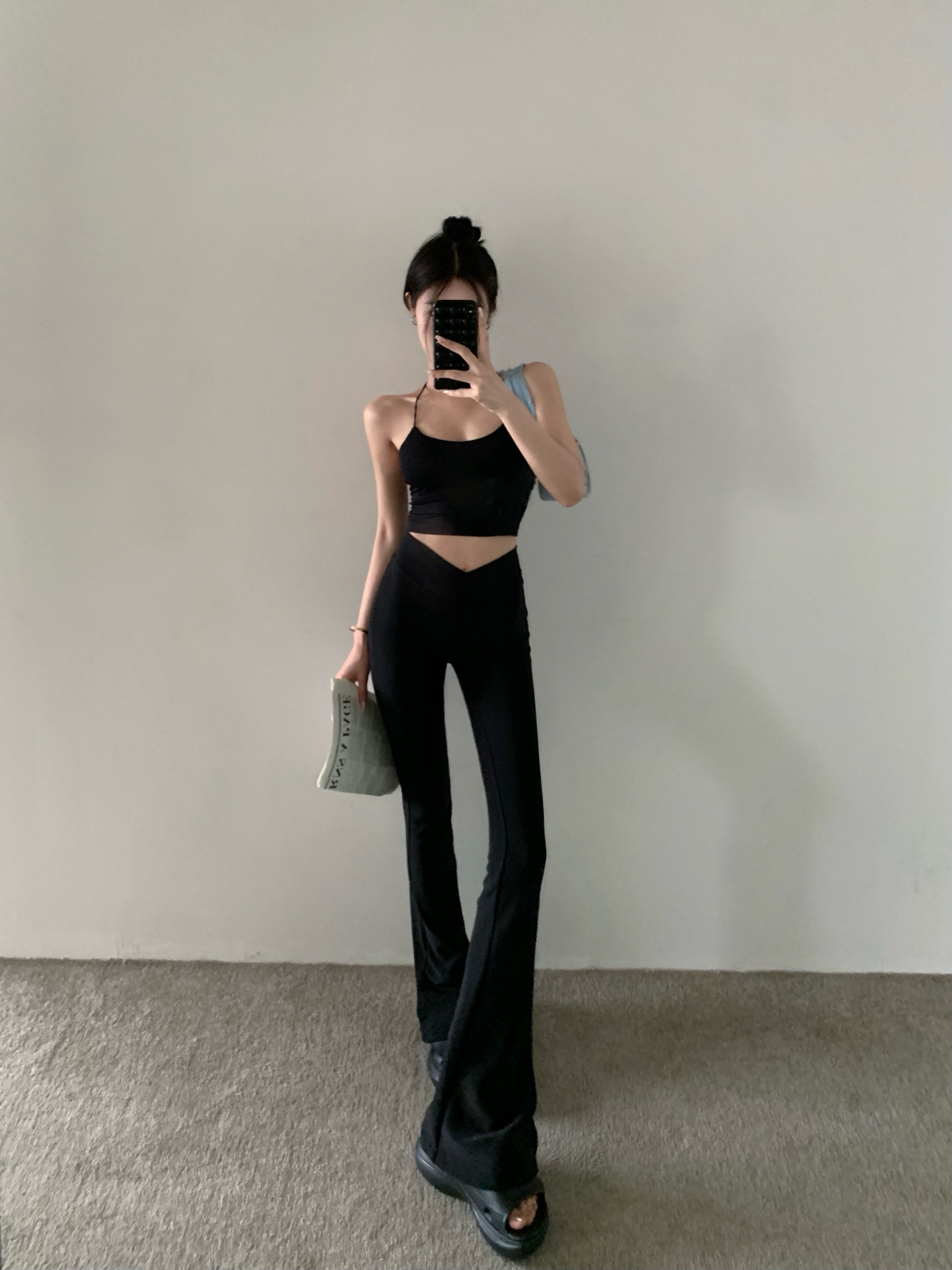 Simple pure desire, versatile backless suspenders, high waist, hip lift, slimming V-shaped cross waist elastic flared pants