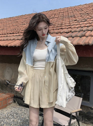 Denim splicing sun protection shirt fashion suit Korean style high waist slimming elastic waist wide leg shorts