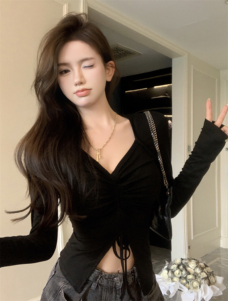 Hot girl v-neck long-sleeved T-shirt for women in autumn new sexy drawstring design niche slim waist slimming top