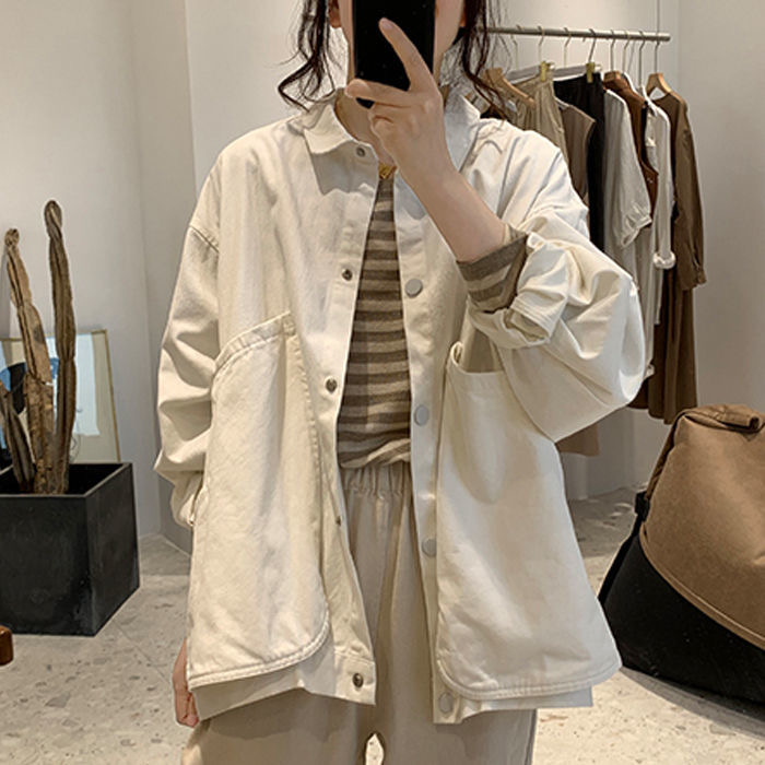 Korean style simple large pocket work jacket for female students loose slimming age-reducing college style long-sleeved jacket trendy top