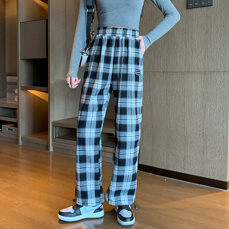 Spring and Autumn Korean style loose high-waisted straight plaid adjustable leggings casual sports pants for women