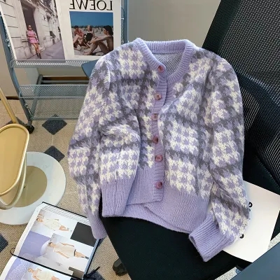 Korean style short purple plaid knitted cardigan for women spring new style lazy style high-end houndstooth sweater jacket
