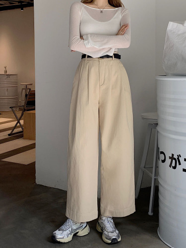 ~Autumn new style Korean design washed cotton wide-leg pants casual pants straight-leg pants for women with belt