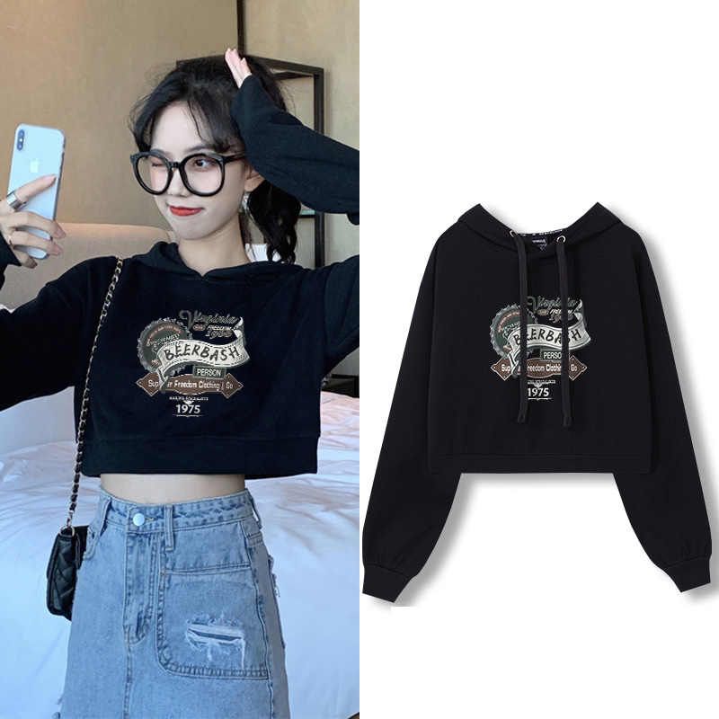 Retro black short hooded sweater women's 2023 autumn and winter new velvet thick cropped top trendy