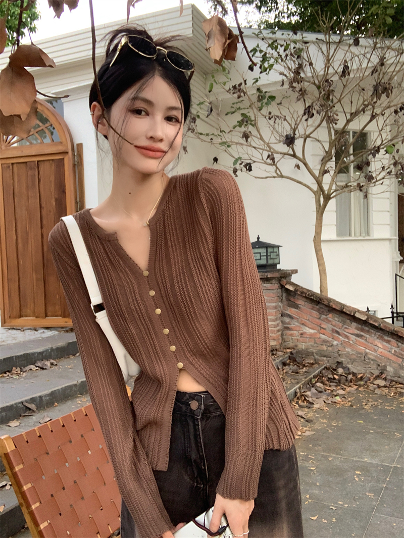 V-neck knitted cardigan autumn retro slimming slim long-sleeved sunscreen top