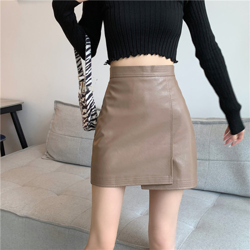 2023 Autumn New Irregular Skirt Women's High Waist Slimming A-Line Skirt PU Leather Hip Skirt