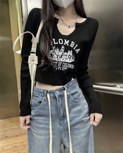 Retro raglan long-sleeved v-neck short t-shirt for women with midriff exposed autumn inner sweater hot girl top