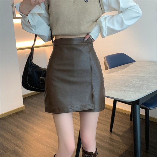 2023 Autumn New Irregular Skirt Women's High Waist Slimming A-Line Skirt PU Leather Hip Skirt