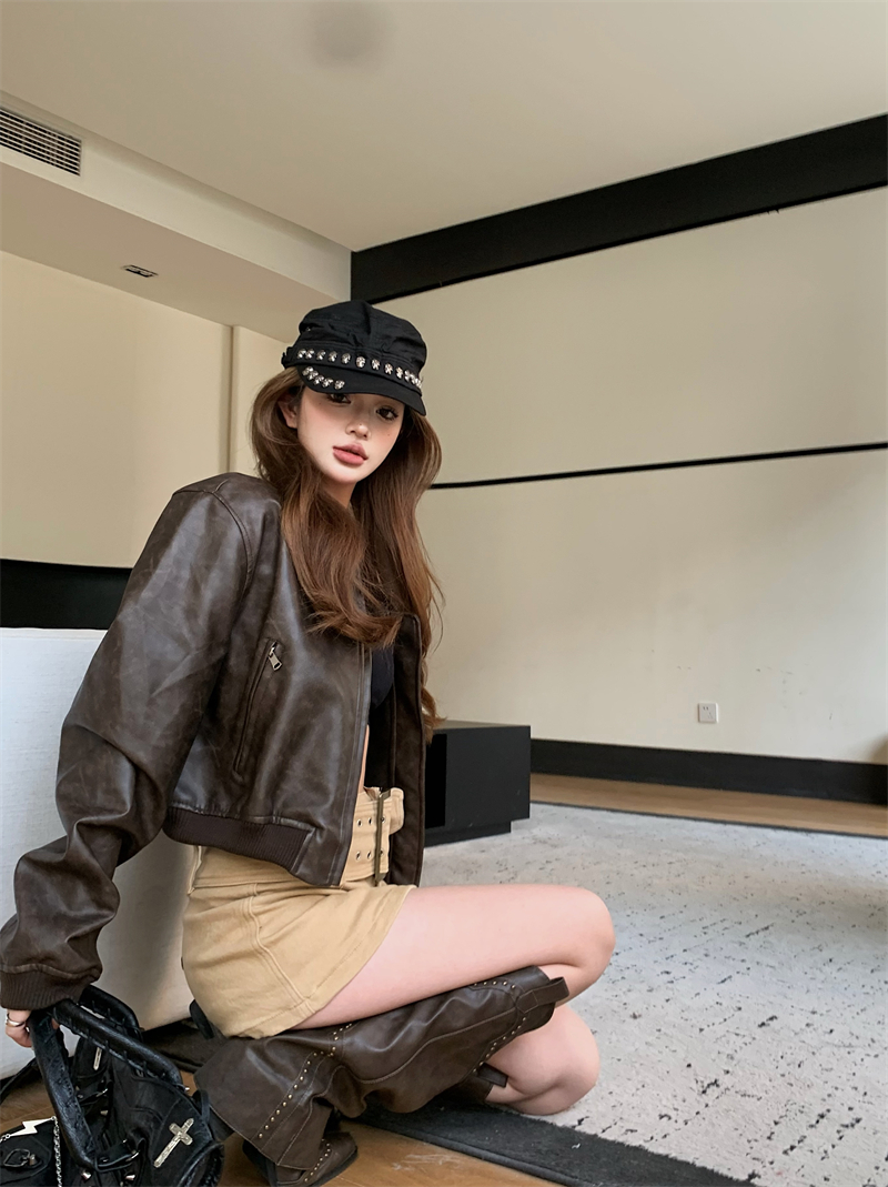 American retro design short leather jacket loose long-sleeved jacket top
