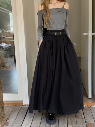 ~Autumn new Korean version design sense pleated skirt large swing skirt suit half-length long skirt women with belt
