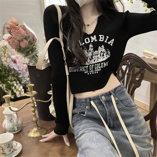 Retro raglan long-sleeved v-neck short t-shirt for women with midriff exposed autumn inner sweater hot girl top