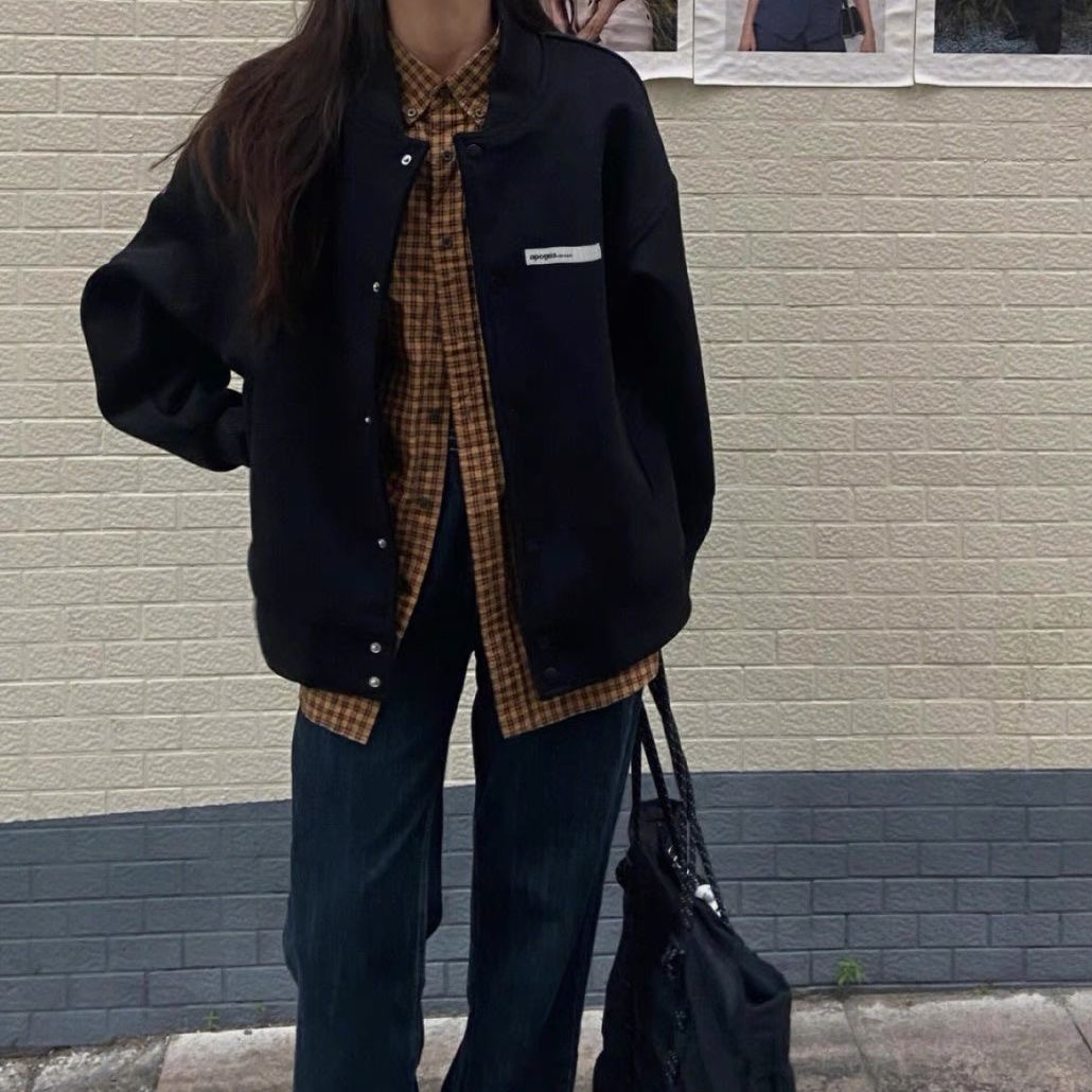 2023 Autumn New Black Baseball Uniform Woolen Jacket Women's Loose Fashionable Versatile Vintage Jacket Top
