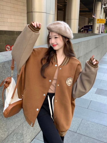 Embroidery + velvet thickening, American retro baseball uniform jacket for women winter thickened loose couple jacket