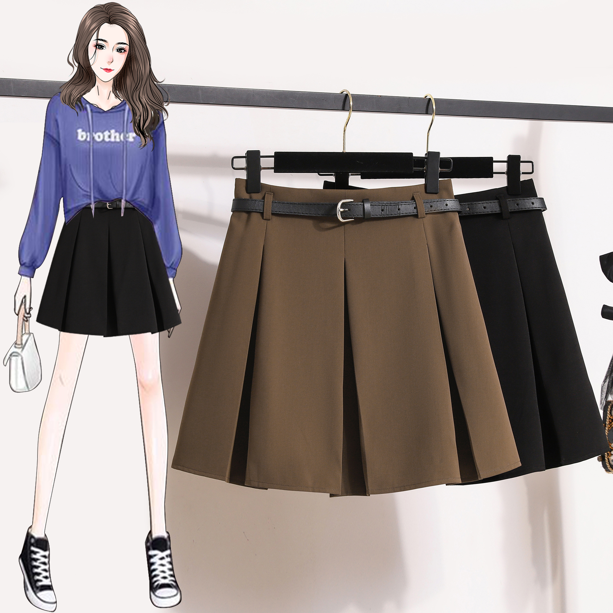 7401~Design sense niche suit pleated skirt women's autumn large size high waist hip-covering short skirt