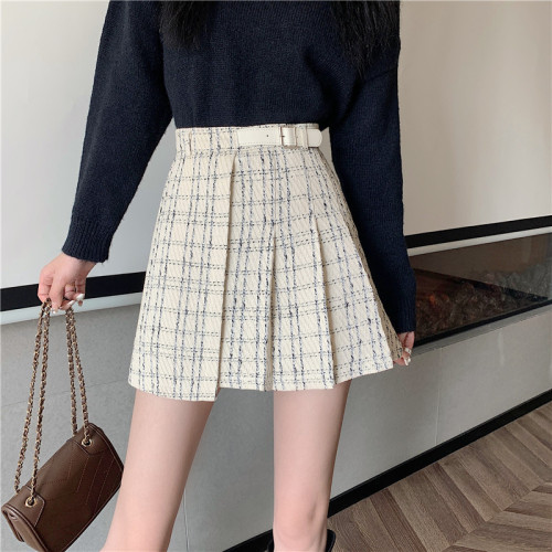 2023 Irregular Plaid Pleated Skirt Women's Autumn and Winter New Style Small Fragrance Style High Waist A-Line Skirt