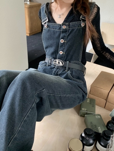 New style straight-leg denim suspender jeans for women, design loose suspenders with wide legs