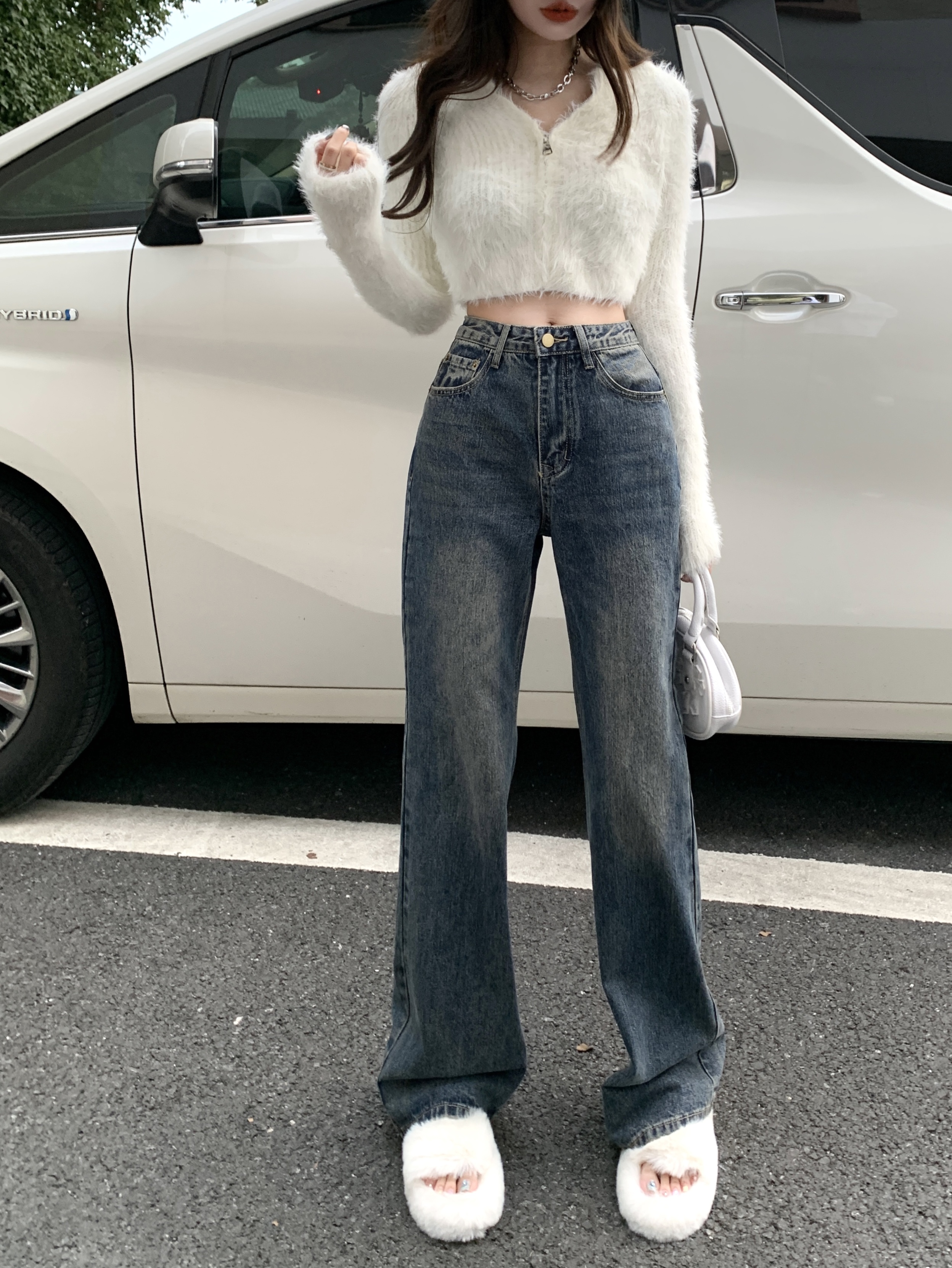 The design is okay high street straight wide leg pants blue loose casual jeans floor mopping pants for women