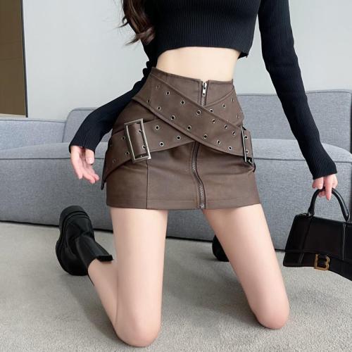 ****~High waist retro distressed pu leather skirt cross belt skirt a line short skirt for women