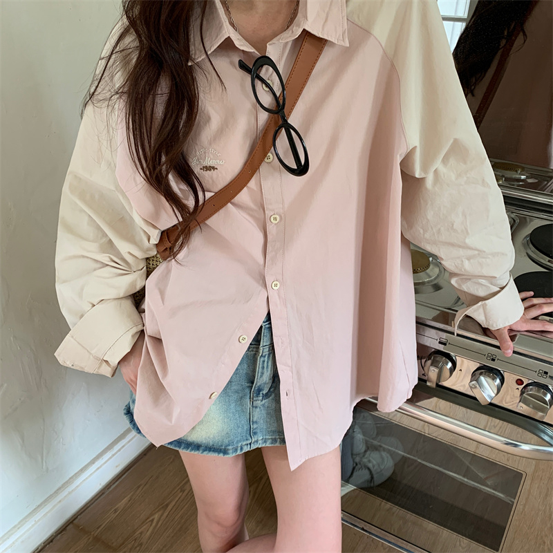 Pink long-sleeved shirt for women spring and autumn new design niche Japanese retro loose top