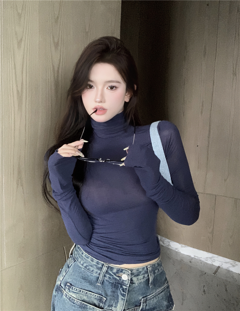 ~Basic pile collar bottoming shirt for women high collar long sleeve T-shirt solid color tight inner top