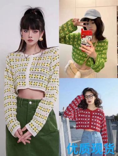 South Korea's Dongdaemun Autumn and Winter New Round Neck Single-breasted Flower Embroidered Versatile Hollow Knitted Cardigan Jacket