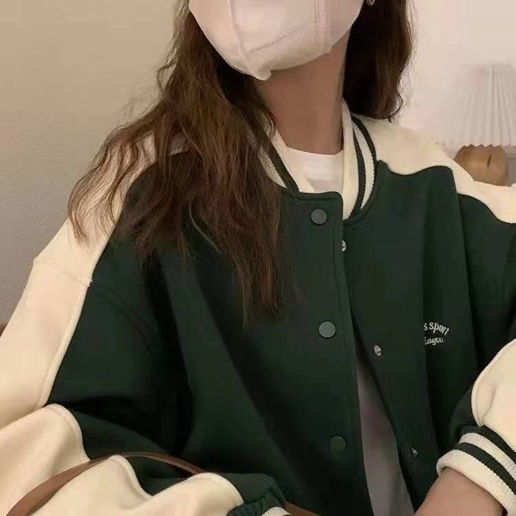 2023 Winter Contrast Color Jacket Women's New Versatile Jacket College Style Velvet Thickened Versatile Retro Baseball Uniform Trendy