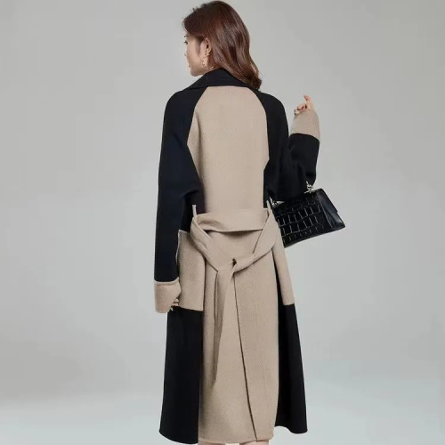 Women's long woolen coat 2023 winter new double-sided fleece wool color matching temperament Hepburn style slim coat