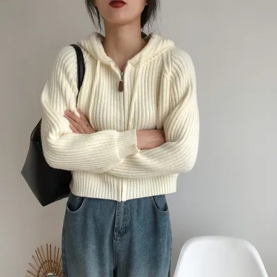 Korean college style hooded short knitted cardigan top spring and autumn sweater jacket female loose lazy style